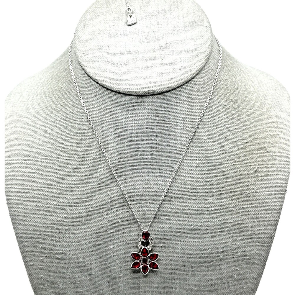 NWOT Swarovski Crystals Pear Red Siam Pendant Necklace w/ Clear Accents NEW 18" - Picture 2 of 13